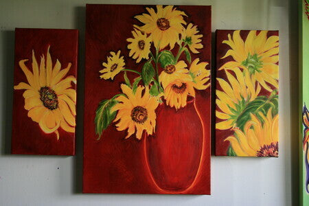 landscape, flowers, sunflower, oil on canvas